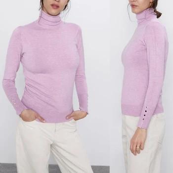 Осень 2023, Новый Женский Трикотаж с высоким воротом, эластичный Тонкий Женский простой однотонный пуловер, свитер 6 цветов Изображение 2