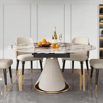 Выдвижные столы в скандинавском стиле С поворотным столом Кухонная Роскошная Мелкая Бытовая Мебель Мраморный Круглый Обеденный стол С набором из 6 стульев