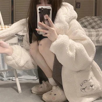 Зимняя теплая меховая Милая белая куртка с капюшоном для девочек, Кавайный японский мишка для девочек, белое пальто из меха кролика Рекс, молнии в стиле Mori Girl Изображение 2