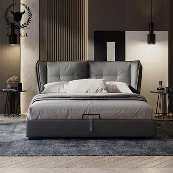 Кровать из скандинавской кожи, кожаная кровать, итальянский минимализм, современная двуспальная кровать из воловьей кожи первого слоя, художественная кровать из перьевой кожи, главная спальня