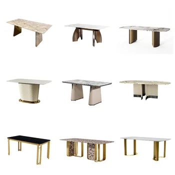 Современный минималистичный Роскошный Обеденный стол из мрамора с Кожаной основой и нержавеющей стали Изображение 2