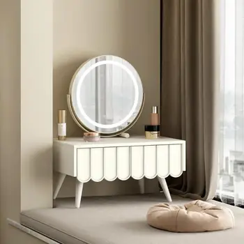 Современная минималистичная небольшая квартира с эркерным окном, туалетный столик, спальня, мини-туалетный столик, балкон, slaapkamer meubels