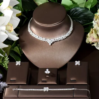 Модный женский свадебный комплект из четырех частей, ожерелье и серьги, Роскошный ювелирный набор из кубического циркония в Дубае, свадебные аксессуары N-488
