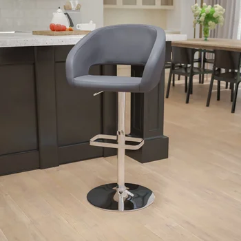 Современная мебель Flash Erik из серого винила, регулируемый по высоте Барный стул с закругленной средней спинкой и хромированным основанием Изображение 2