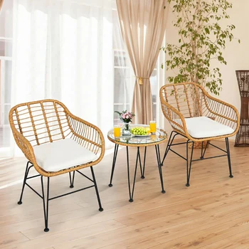 Комплект мебели из ротанга из 3 предметов с мягким стулом, столом, гостиной, уличным садовым кофейным креслом, стульями для отдыха Изображение 2
