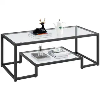 Современный стеклянный журнальный столик с металлическим каркасом, черный Изображение 2