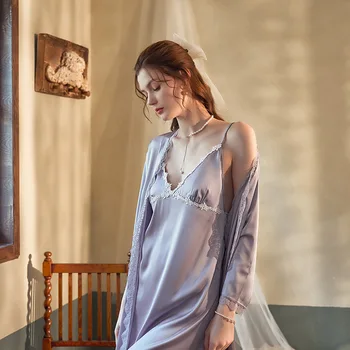 Утреннее платье, Кардиган-компаньон для Новобрачных, Кружевная пижама, Женская Сексуальная Ночная рубашка Изображение 2