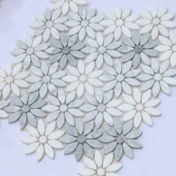 Белые Геометрические квадраты в цветочек, полированный мрамор, Сетчатая мозаика на стене, Ванная комната, напольная плитка и кухонная панель, Теплая Изображение 2