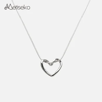 Metiseko, ожерелье с подвеской в форме сердца из стерлингового серебра 925 пробы, цепочка из змеиной кости, ожерелье из настоящего серебра, простая мода для женщин