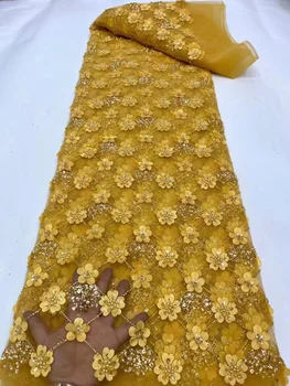 Новейшая африканская сетчатая кружевная ткань, 3D Цветочный материал, вышивка, Тюль, Французская Сетчатая кружевная ткань с бисером Для свадебного платья Изображение 2