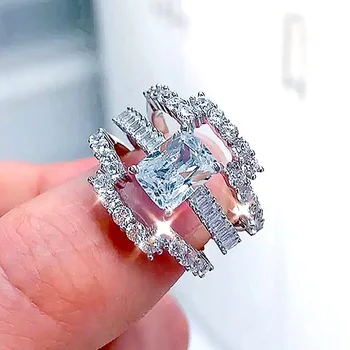 Huitan Роскошный 3 шт. набор колец для женщин, Серебряные обручальные кольца, кольца вечности, блестящий кубический цирконий, модные ювелирные наборы