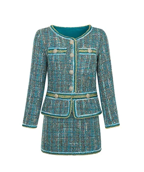 Высококачественная осенне-зимняя Твидовая женская куртка, пальто, ретро малахитово-зеленая однобортная женская верхняя одежда из смесовой шерсти Изображение 2