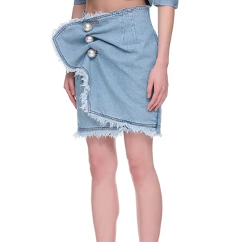 Асимметричная мешковина для обертывания, женская короткая юбка 2023, новая джинсовая юбка с прямыми пуговицами, украшенная бусинами, синяя плиссированная мини-юбка