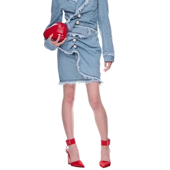 Асимметричная мешковина для обертывания, женская короткая юбка 2023, новая джинсовая юбка с прямыми пуговицами, украшенная бусинами, синяя плиссированная мини-юбка Изображение 2