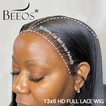 BEEOS 250% 13X6 HD Кружевной Полный Фронтальный Парик Предварительно сорванный С Расплавленной Кожи Прямые HD Прозрачные Кружевные Парики Из Человеческих Волос Спереди Для Женщин 28 дюймов