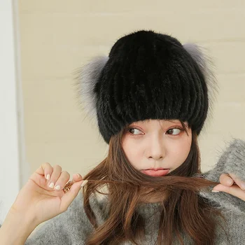 Осень и зима элегантный меховой убор корейских женщин старшего норки шляпа с Лисий мех роскошные меховые украшения соломенная шляпа Изображение 2