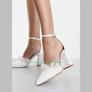 Женские белые сетчатые дизайнерские туфли-лодочки на массивном каблуке с острым носком и пряжкой, вечерние элегантные туфли-лодочки, Свадебные туфли, размер обуви 35-46