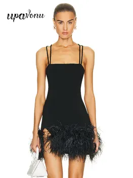 Летнее женское Черное Бандажное платье на бретельках Без рукавов, Облегающее мини-платье с рисунком перьев, Коктейльное вечернее платье Vestidos