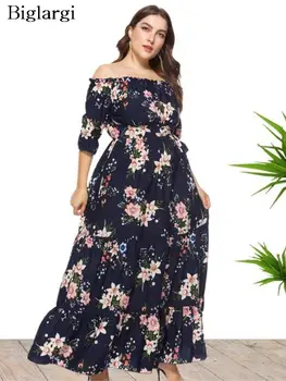 Плюс Размер, Летнее Длинное платье с цветочным принтом, Женские Плиссированные платья Modis с открытыми плечами, Свободное Повседневное Женское платье 2023