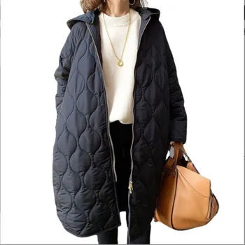Женское модное и повседневное однотонное Длинное хлопчатобумажное пальто с капюшоном, стильная верхняя одежда