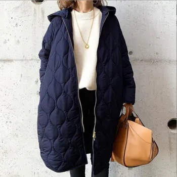 Женское модное и повседневное однотонное Длинное хлопчатобумажное пальто с капюшоном, стильная верхняя одежда Изображение 2
