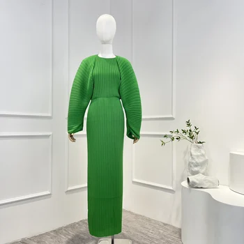 2023 Весна Лето Новые Поступления, Высококачественное Зеленое Повседневное Женское платье Миди со складками и Длинным Свободным рукавом на каждый день