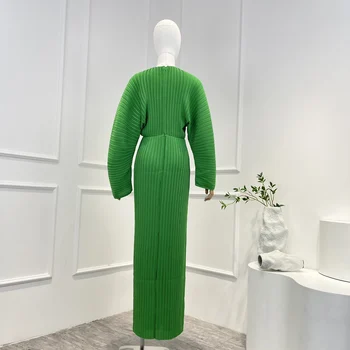 2023 Весна Лето Новые Поступления, Высококачественное Зеленое Повседневное Женское платье Миди со складками и Длинным Свободным рукавом на каждый день Изображение 2