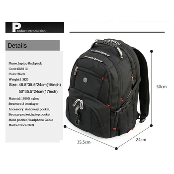 Обновленные швейцарские многофункциональные водонепроницаемые дорожные сумки, 17,3-дюймовый рюкзак для ноутбука, USB-порт для зарядки, суперпрочная школьная сумка Изображение 2