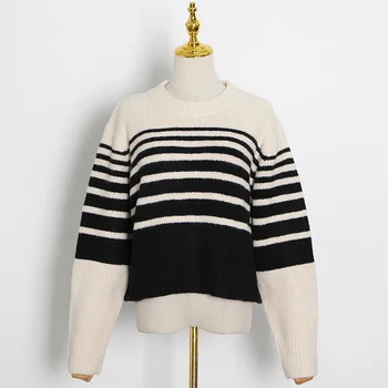 Свитер с круглым вырезом, модный свитер в полоску, простой Стиль, Свободный пуловер, вязаный свитер, модный весенний новый стиль