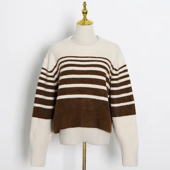 Свитер с круглым вырезом, модный свитер в полоску, простой Стиль, Свободный пуловер, вязаный свитер, модный весенний новый стиль Изображение 2