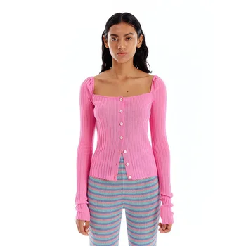 EENK однобортный вязаный кардиган с квадратным вырезом, тонкая рубашка с длинными рукавами и приталенным низом, блузка на одно плечо, женская Изображение 2