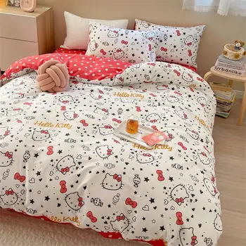 Sanrio Hello Kittys Комплект Постельного белья из четырех предметов, Милый Кавайный Комплект из трех предметов для Спальни, Простыня, Стеганое Одеяло, Игрушки для девочек Изображение 2