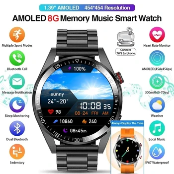 Новые Смарт-часы с экраном 454*454, Всегда отображающие время, Bluetooth-вызов, Локальная музыка, Умные Часы Для Мужчин, Android iOS, наушники TWS Изображение 2