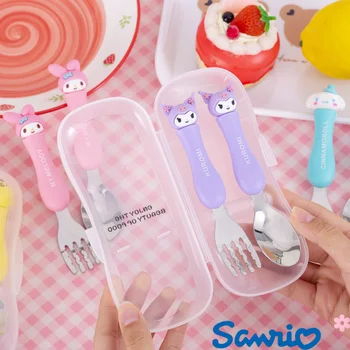 Sanrio Аниме Hello Kitty Портативная Детская Ложка-вилка Kawaii Kuromi Cinnamoroll My Melody 304 Набор посуды из нержавеющей стали