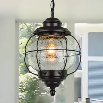 Подвесные светильники, подвесной светильник для крыльца в фермерском доме из черного металла с прозрачным пузырчатым стеклом в железной раме, экстерьер La
