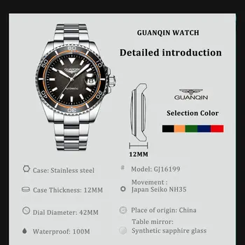GUANQIN 2023 Новые мужские механические часы Роскошные Автоматические часы для мужчин Бизнес Япония NH35A 10Bar Водонепроницаемые светящиеся часы Man Изображение 2