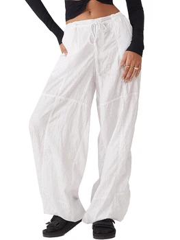 Джоггеры-карго свободного кроя с поясом на завязках и широкими штанинами для женщин - Однотонные брюки-парашют в стиле Y2K