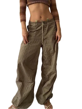 Джоггеры-карго свободного кроя с поясом на завязках и широкими штанинами для женщин - Однотонные брюки-парашют в стиле Y2K Изображение 2