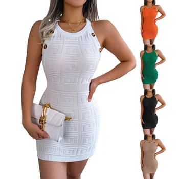 Женские летние модные тонкие мини-платья без рукавов с круглым вырезом, повседневное вязаное платье
