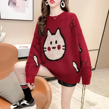 Женский свитер оверсайз, Пуловер, Осень-зима, Корейская мода, с длинными рукавами, Свободный, повседневный, мультяшный, Теплый, с круглым вырезом, Теплый женский топ Изображение 2