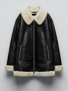 Новая Зимняя куртка из искусственной мягкой кожи, Женское пальто из искусственной кожи с высоким уличным отворотом на молнии, Женская Свободная толстая теплая мотоциклетная верхняя одежда