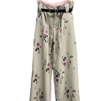 Женские Свободные широкие брюки с рисунком вишни в стиле ретро, свободные повседневные длинные брюки