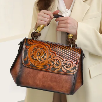 Винтажная женская сумка ручной работы, женские кожаные сумки с цветочным рисунком, модная сумка-тоут в китайском стиле с верхней ручкой или сумка через плечо
