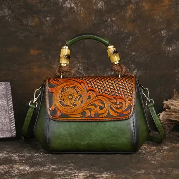 Винтажная женская сумка ручной работы, женские кожаные сумки с цветочным рисунком, модная сумка-тоут в китайском стиле с верхней ручкой или сумка через плечо Изображение 2