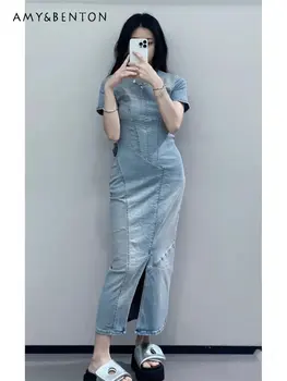 Женское летнее Новое модное джинсовое платье средней длины с разрезом в стиле ретро, Элегантный круглый вырез, короткий рукав, Облегающее платье Женское