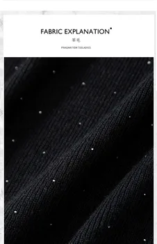 Женский шерстяной тонкий свитер с черным ворсистым воротником высшего качества, базовая рубашка ручной работы с бриллиантами, Водолазка, вязаный топ, модное новое поступление Изображение 2