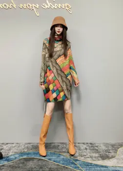 Женское платье в американском ретро Стиле из Норки с 3D Принтом 2023, Зимний Свитер с высоким Воротом, мини-платья Высокой Длины, Модное Повседневное Норковое Платье
