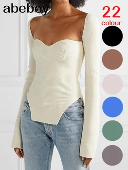2022 новая весенне-летняя модная женская одежда с квадратным воротником и длинными рукавами, эластичный сексуальный пуловер с высокой талией WK080 Изображение 2