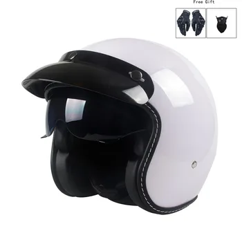 ECE Глянцевый белый Скрытый объектив Винтажный мотоциклетный шлем с открытым лицом Cafe Racer Ретро Для езды на мотоцикле 3/4 Jet Casco