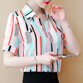 Модная женская рубашка-поло в полоску с принтом для поездок на работу, корейская универсальная блузка с коротким рукавом и пуговицами, женская одежда Изображение 2